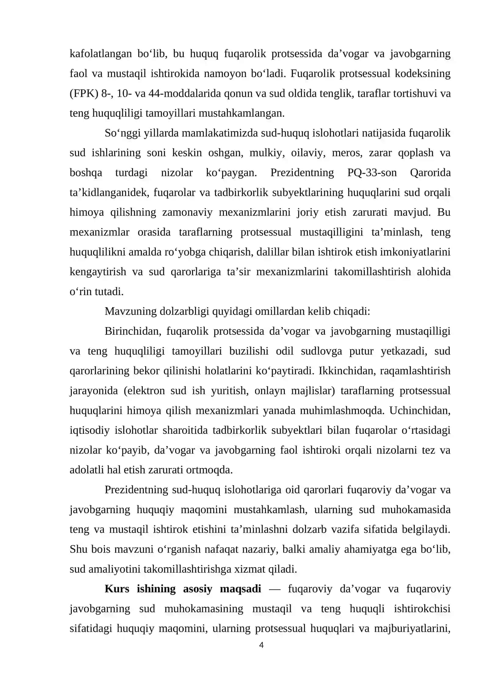 Sud muhokamasining mustaqil va teng huquqli ishtirokchisi bo‘lgan fuqaroviy da’vogar va fuqaroviy javobgar 4