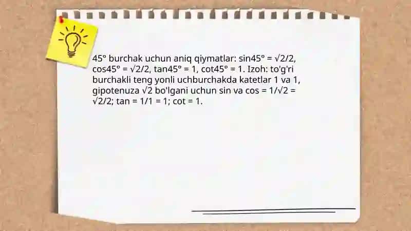 30° 45° va 60° burchaklarning sinusi kosinusi tangensi va katangensi 4