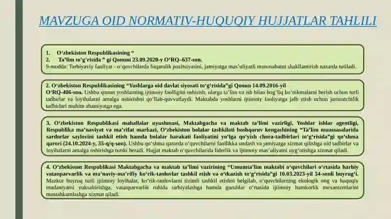 O‘zbekiston Respublikasi Prezidenti Sh.M. Mirziyoyev "Eng muhim vazifa - yoshavlodga puxta ta’lim berish, ularni ma’naviy tukinsonlare tibbiyalashdir" mavzusidagi 4