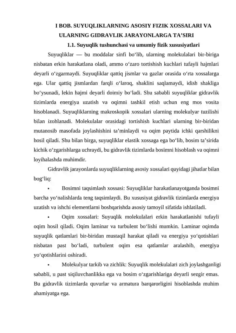 Suyuqliklarning asosiy fizik xossalari va ularning gidravlik jarayonlarga ta’siri (zichlik, qovushqoqlik, siqiluvchanlik va h.k.) 4