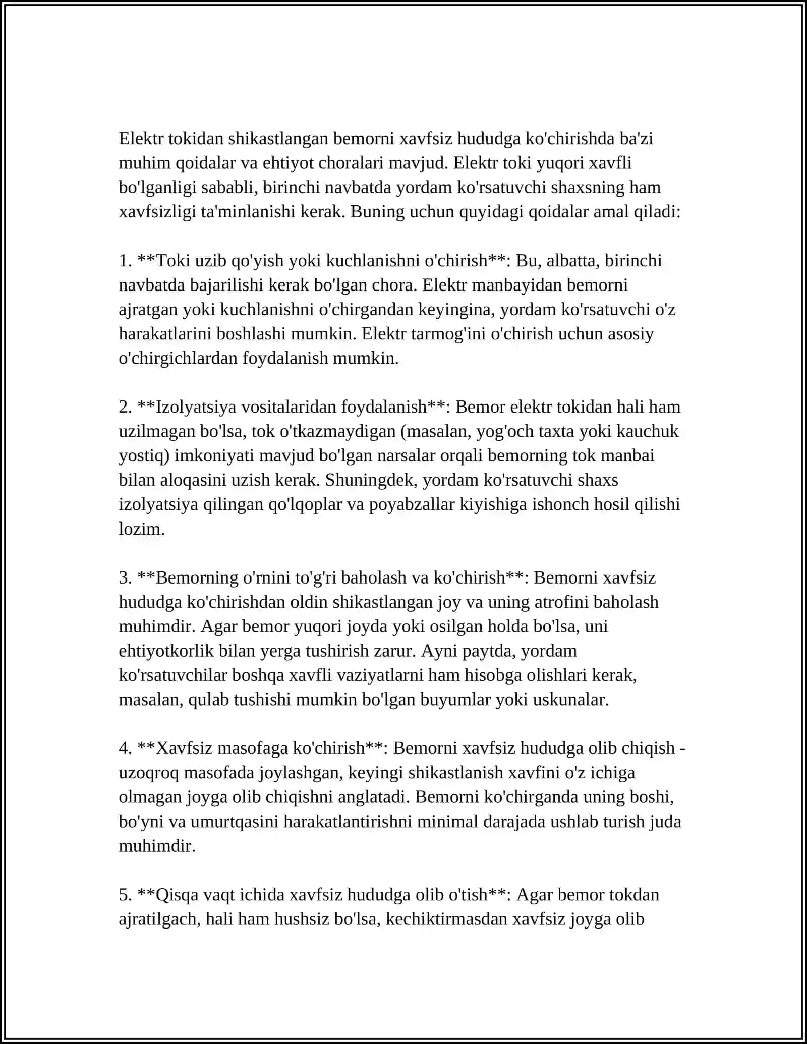 ELEKTR TOKIDAN SHIKASTLANGAN VA BOSHQA BAXTSIZ HODISAGA UCHRAGANDA BIRINCHI YORDAM BERISH BOʻYICHA UMUMIY QOIDALAR 4