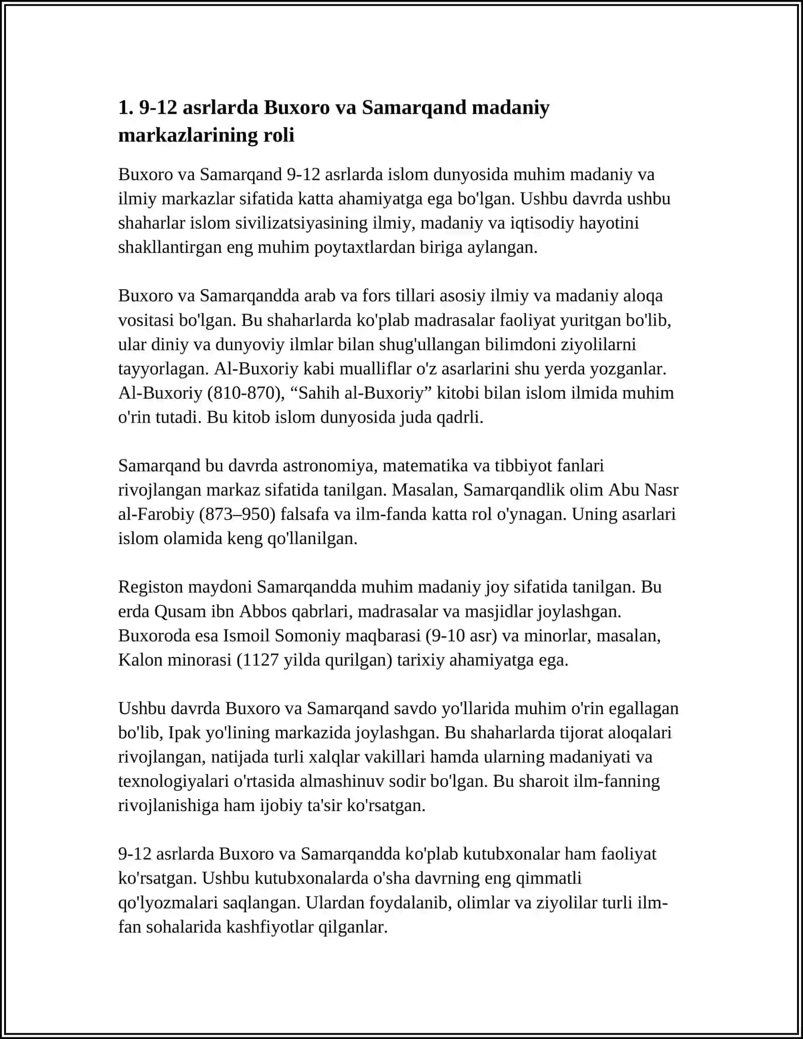 Mavzu: 9-12 ASRLARDA MAMLAKATIMIZ HUDUDIDA ROʻY BERGAN MADANIY UYGʻONISH. BUYUK ALLOMALARNING JAHON SIVILIZATSIYASIGA QOʻSHGAN HISSASI 4