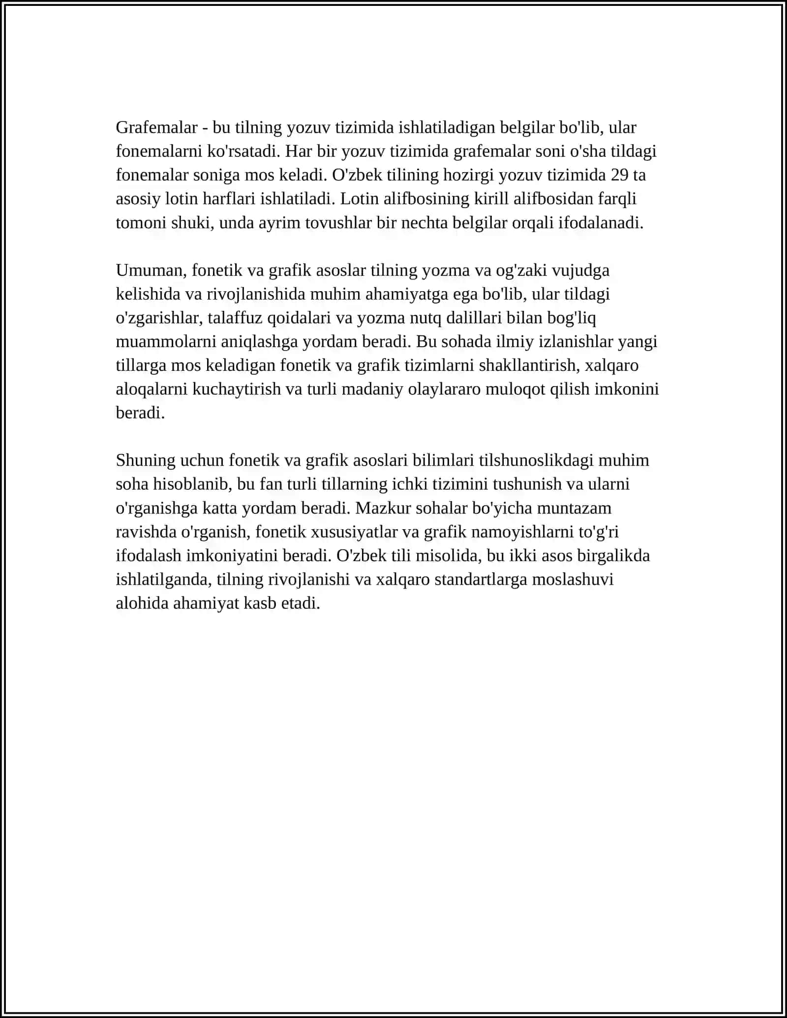 FANETIKA VA GRAFIKA ASOSLARINI ÒRGATISH USULLARI. KICHIK YOSHDAGI ÒQUVCHILARNING ONA TILINI ÒZLASHTIRISHIDA FANETIKA BILIMINING AHAMIYATI. ÒQUVCHILARDA SÒZNING TOVUSH VA HARF TARKIBI HAQIDAGI BOSHLANĢICH TASAVVURINI SHAKILLANTIRISH 4