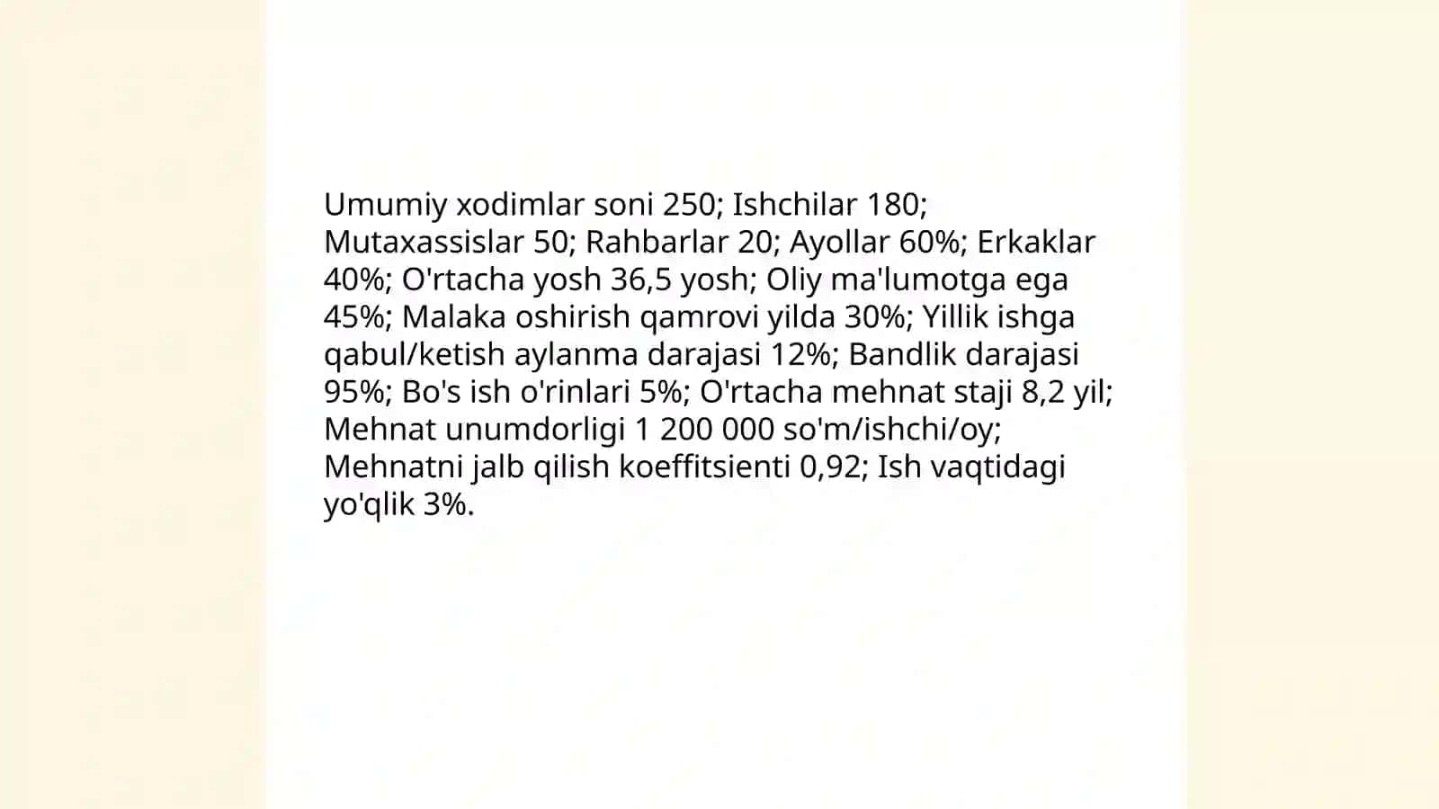 Korxonada mehnatning tashkil qilganligi holatini tahlil 4