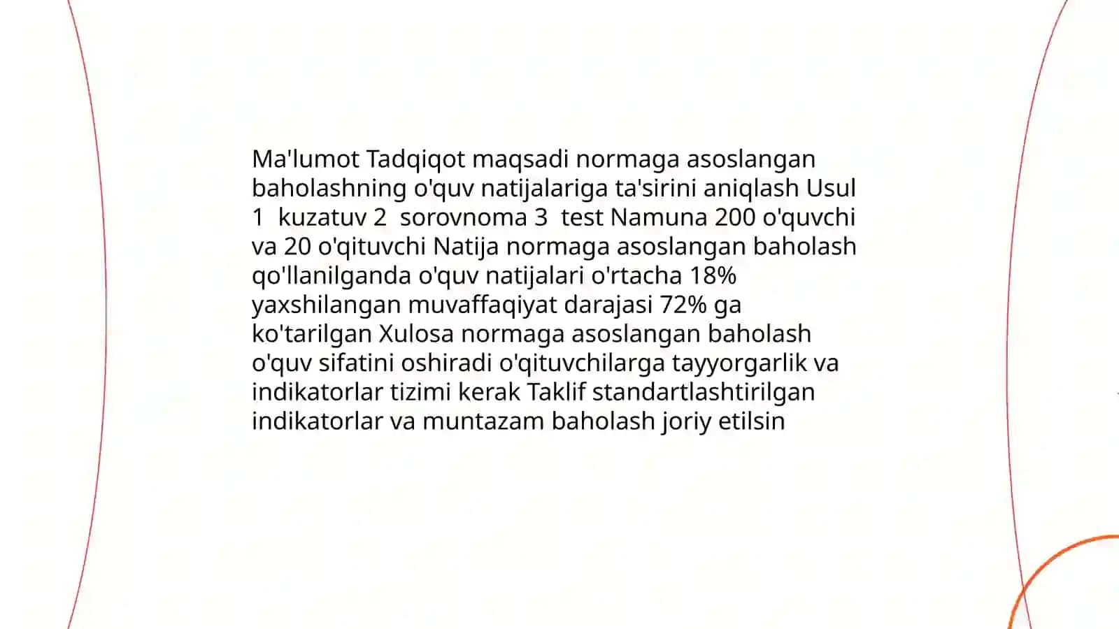 Normaga asoslangan baholashning ta'lim tizimidagi ahamiyatini tahlil qilish va olgan xulosalari asosida tezis 4