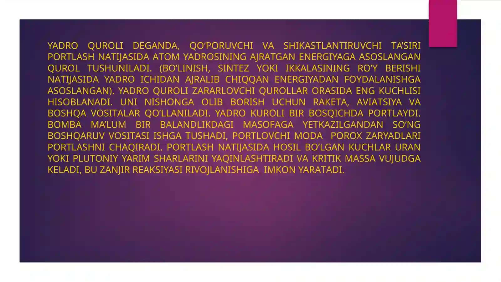 Ommaviyqirg'inqurollariningtasnifi.Jabrlanisho'chog'iningtibbiytaktiktavsifi.Yo'qotishlar.Yadroviyqurol.Trotikekvivalenti.Yadroviyportlashomillari 4