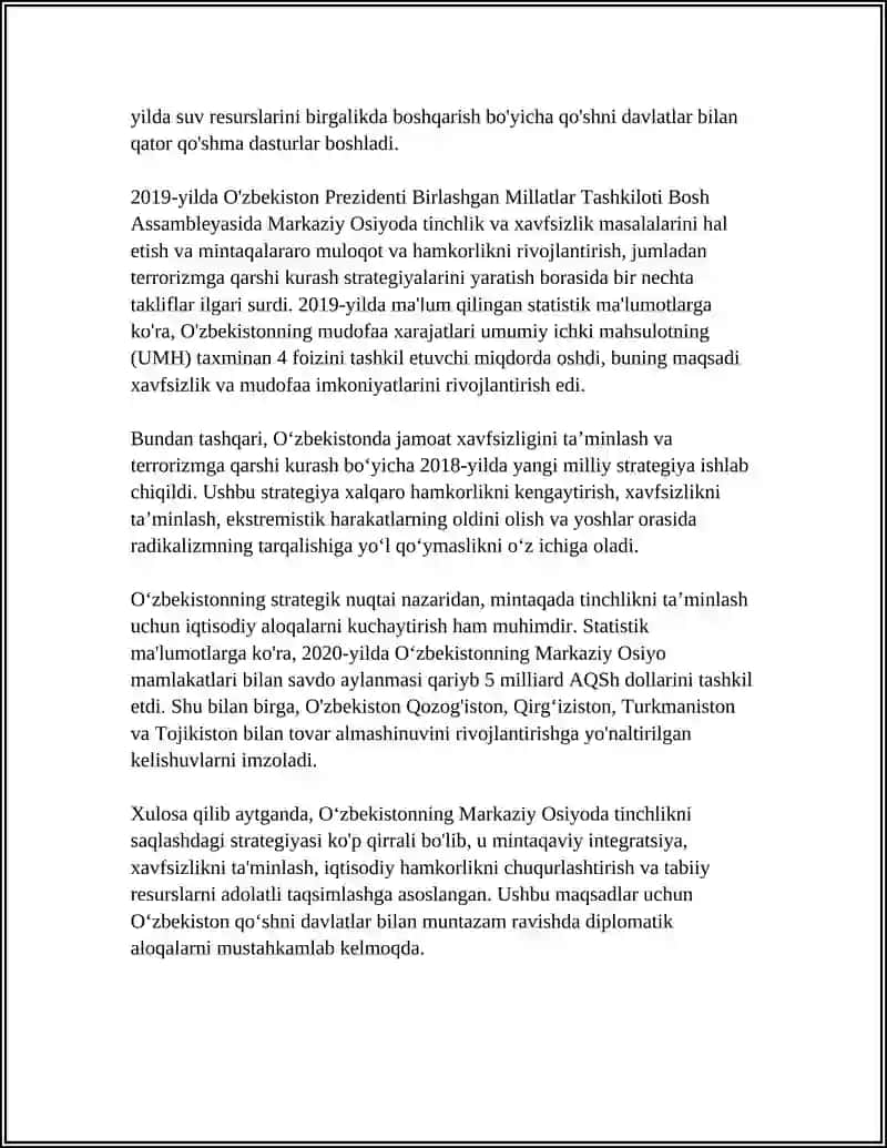 Oʻzbekistonning Markaziy Osiyoda tinchlikni saqlashdagi strategiyasi 4