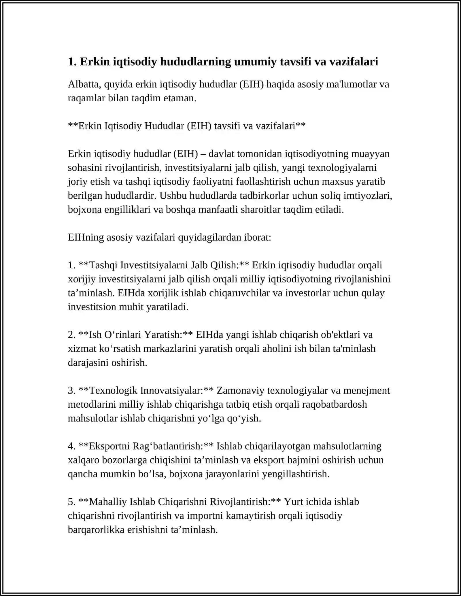 Erkin iqtisodiy hududlar (EIH) tavsifi va vazifalari 4