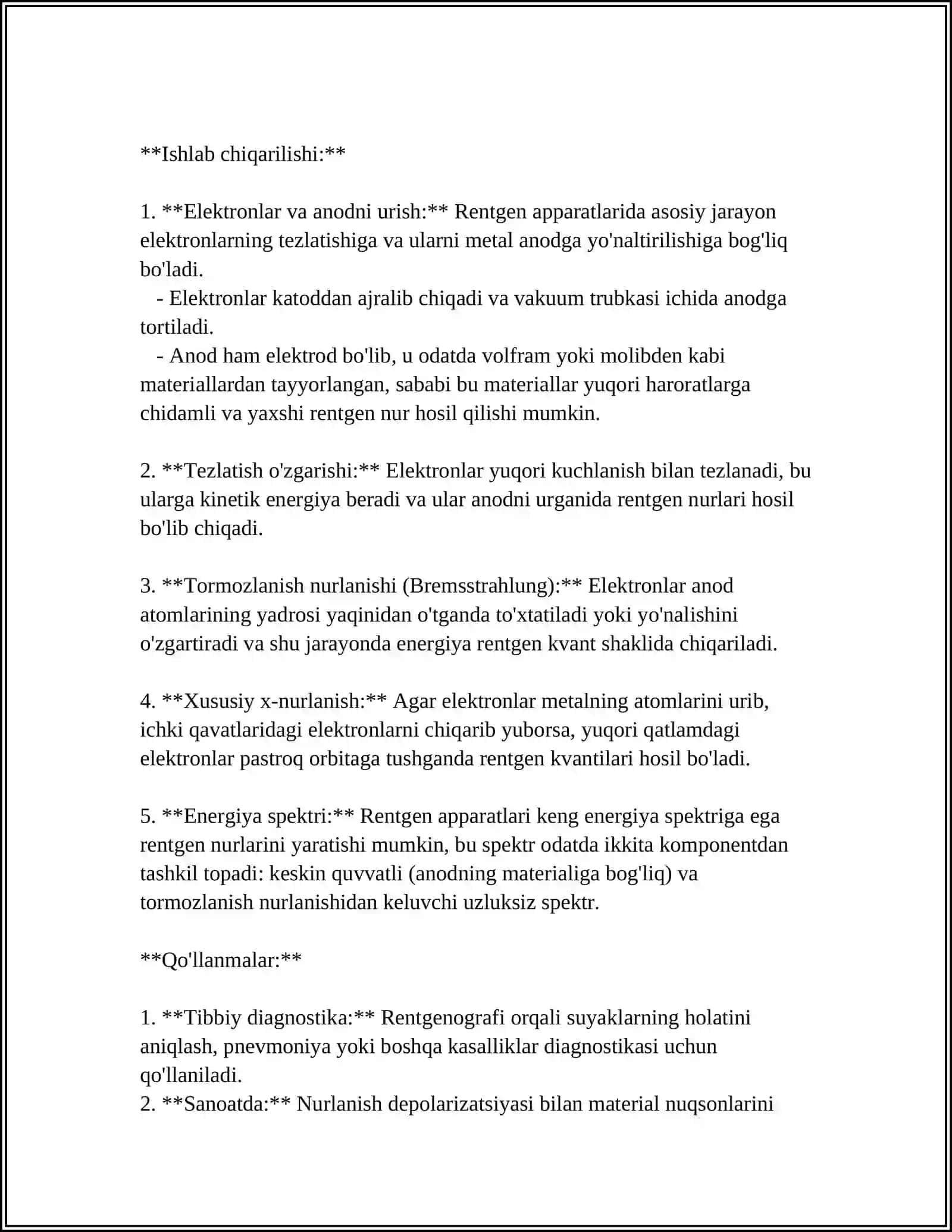 RENTGEN NURLARI TIBBIYOTDA VA BOSHQA SOHALARDA ISHLATILISHI HAQIDA MAʼLUMOT 4