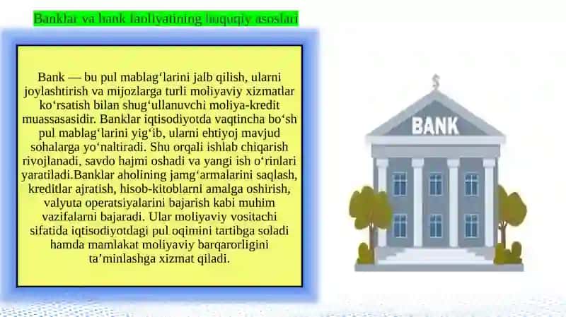 Banklar va bank faoliyati toʻgʻrisidagi qonun !  slayd 4