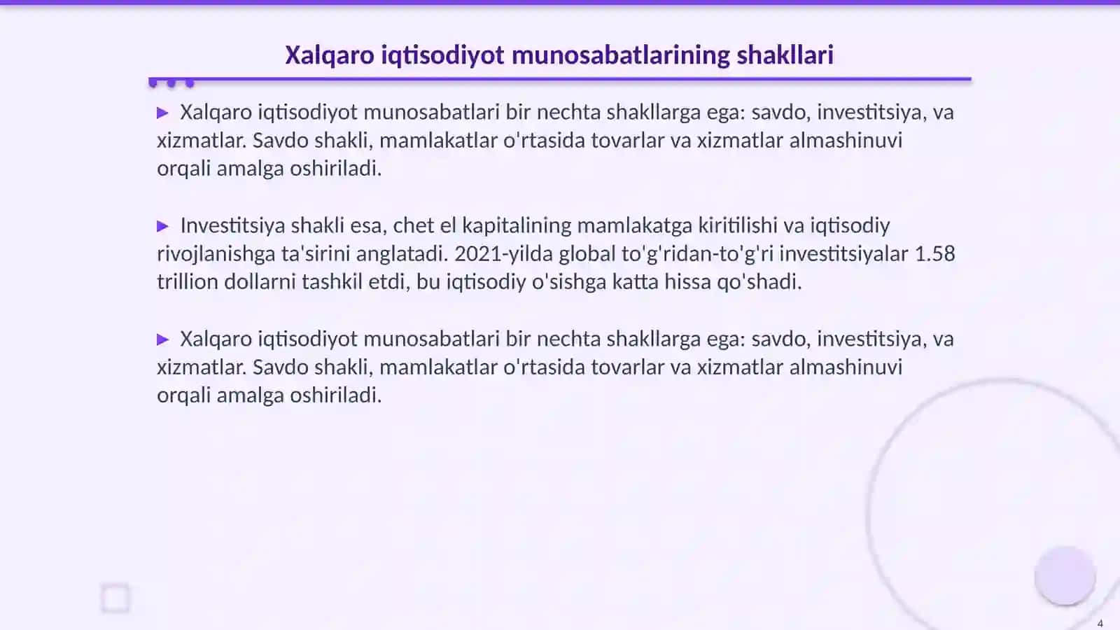 Xalqaro iqtisodiyot munosabatlarning shakllari.Jaxon infratuzilmasining rivojlanishi 4