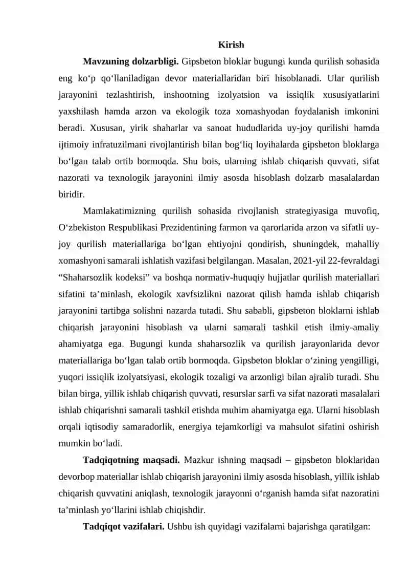 Gipsbeton biloklaridan devorbop materiallarni ishlab chiqarish jarayonini hisoblash.Yilik ishlab chiqarish quvati 450000. Gipsbeton bloklarining o‘lchamlari 600×400×400 mm 4