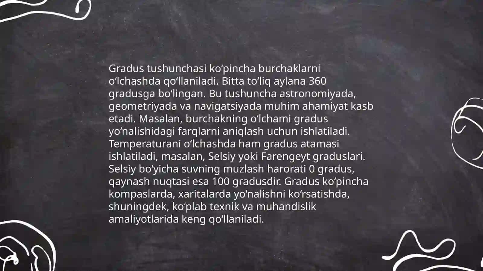 Burchak o‘lchovlari turlarini o‘rganish va har bir o‘lchov turining qo‘llanilish sohasini aniqlash, o‘lchovlar bo‘yicha taklif berish 4