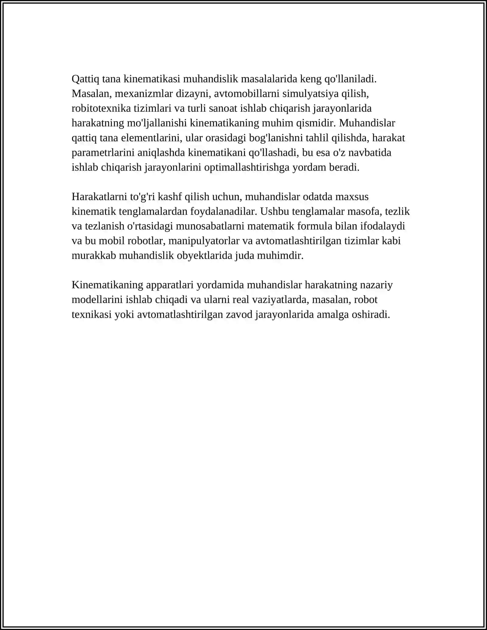 KINEMATIKA ELEMENTLARI. KINEMATIKANING MUHANDISLIK MASALALARI 4
