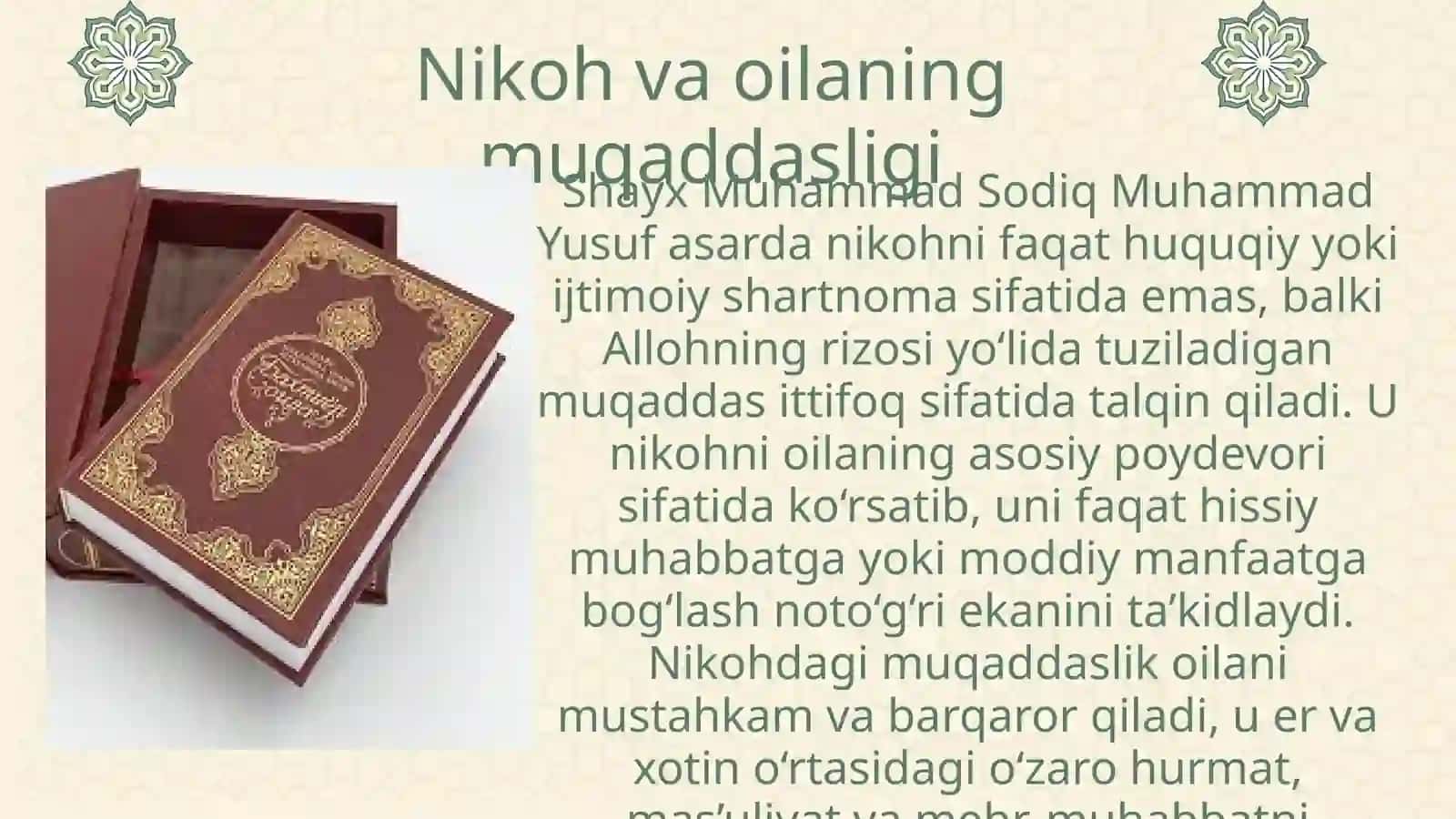Shayx Muhammad Sodiq Muhammad Yusufning Baxtiyor oila asarida islom qadriyatlarining talqini 4