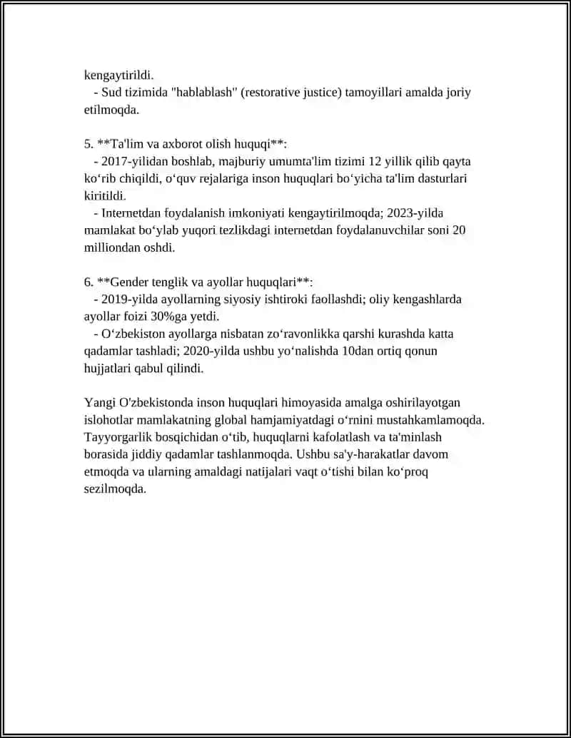 YANGI O'ZBEKISTONDA INSON HAQ-HUQUQLARI VA ERKINLIKLARI KAFOLATINING YARATILISHI 4