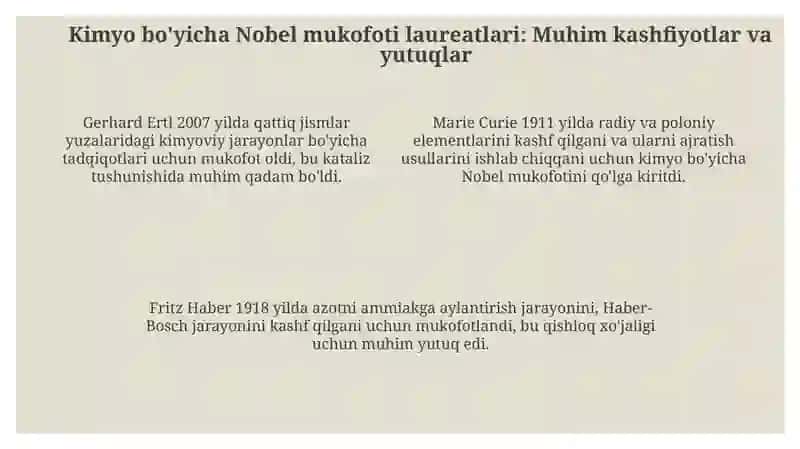 Kimyo sohasida Nobel mukofoti sovrindorlari va yutuqlari 4