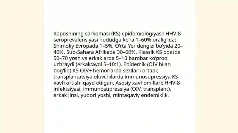 Kaposhining sarkomasi. Ekzema Kaposhi. IFA va PZR diagnostikusullarning dermatovenerologiyada qo‘llanilishi 4