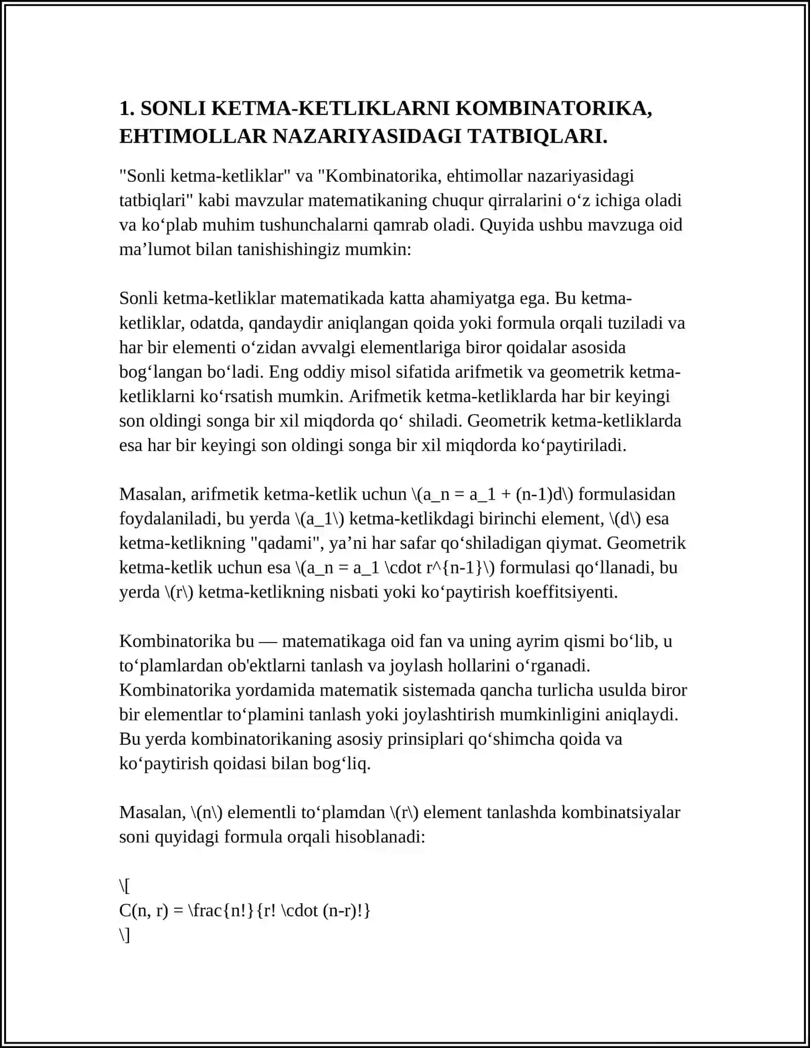 SONLI KETMA-KETLIKLARNI KOMBINATORIKA, EHTIMOLLAR NAZARIYASIDAGI TATBIQLARI 4