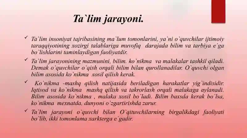 Didaktika fani va uning vazifalari. Ta`lim mazmuni. Ta`lim qonuniyatlari va qoidalari 4