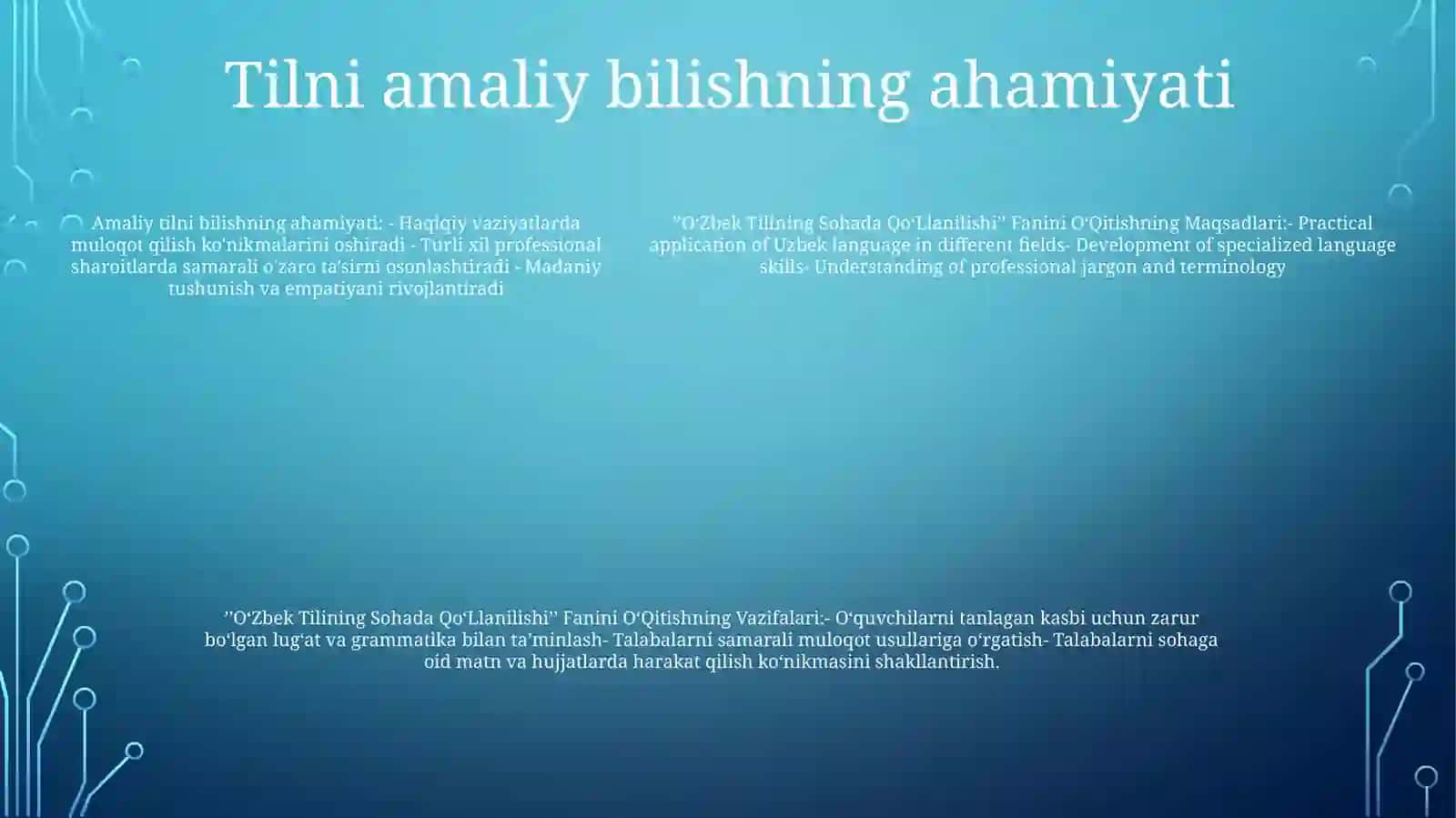 ʼʼO'Zbek Tilininq Sohada QoʻLlanilishiʼʼ Fanini OʻQitishning MaqsadVaVazifalari 4