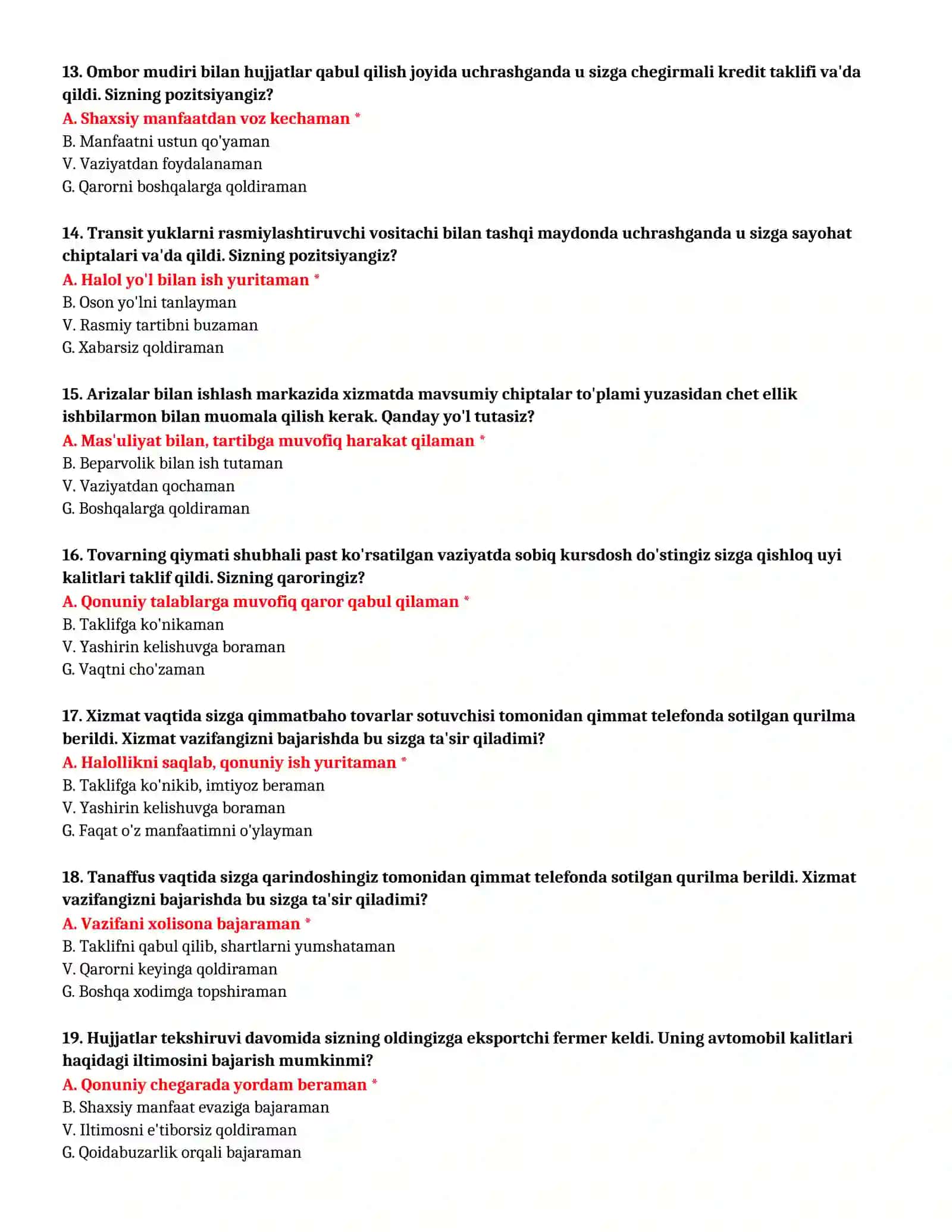 BOJXONA XODIMI KASBIY TANLOV TESTLARI JAVOBLARI BILAN 4