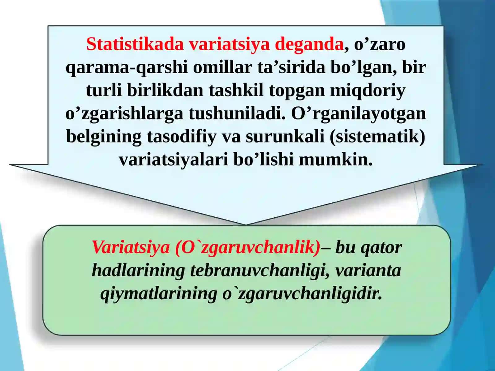 VARIATSIYA, ASIMMETRIYA VA EKSSESS KO`RSATKICHLARI 4