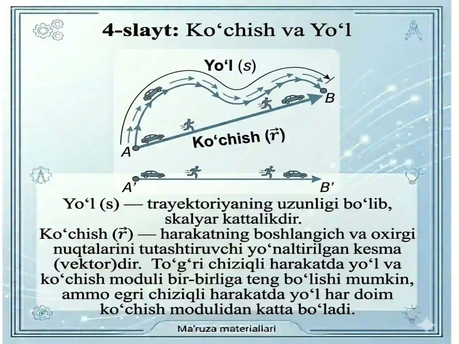 To‘g‘ri chiziqli harakatda tezlik va tezlanish. Egri chiziqli harakatda tezlik va tezlanish. 4