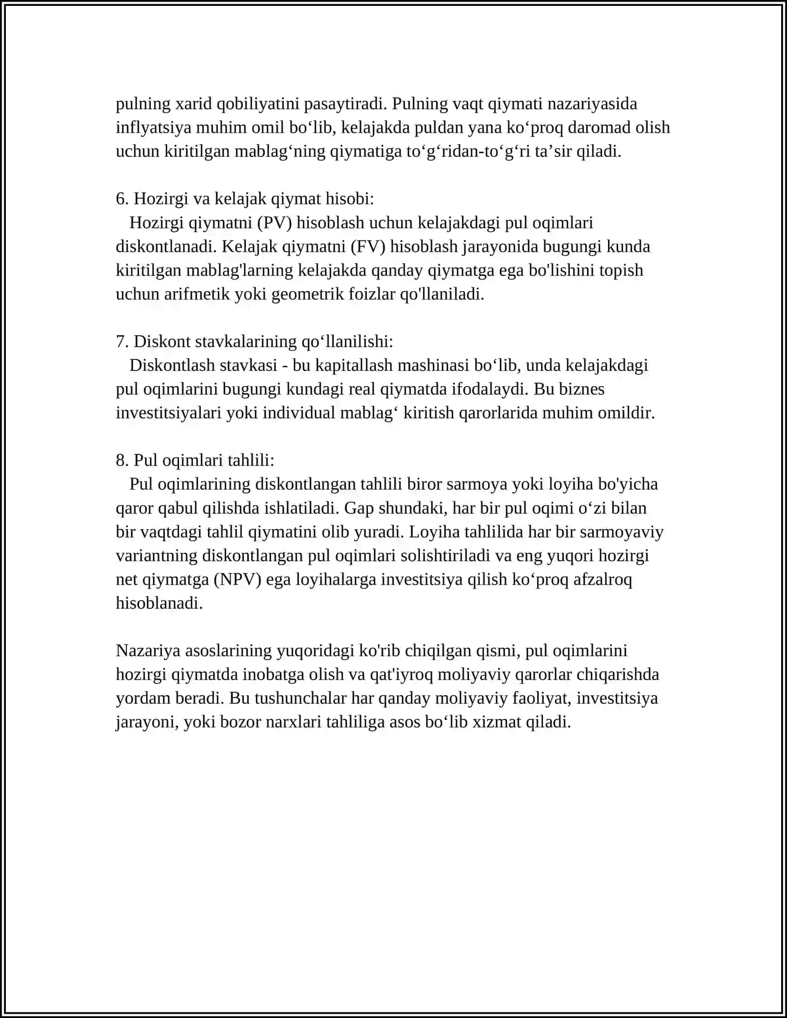 PULNING DAVRIY QIYMATI VA PUL OQIMLARINING DISKONTLI TAHLILI 4