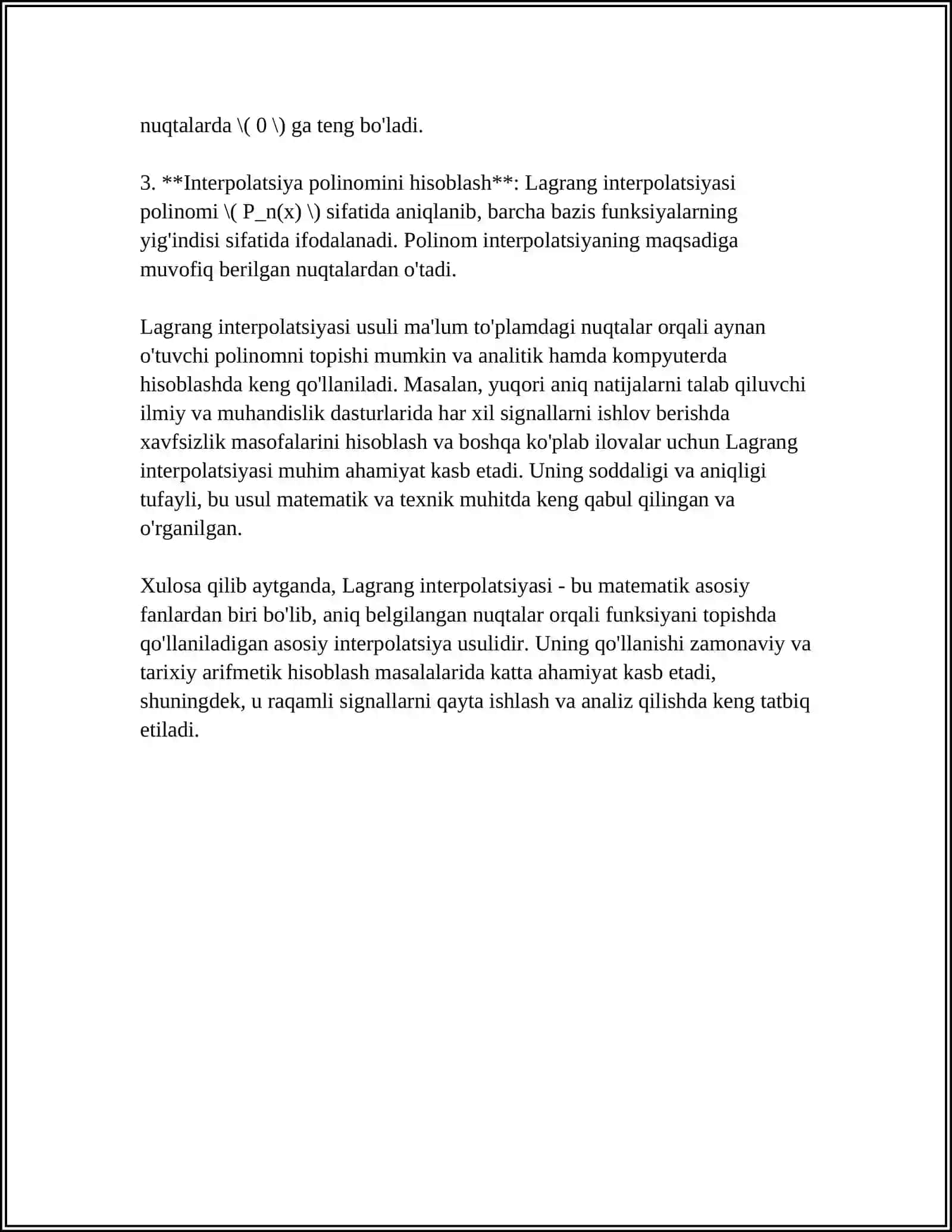 TAJRIBA NATIJALARINI QAYTA ISHLASHDA KOMPYUTERLI MODELLASHTIRISH LAGRANJ INTERPOLYATSION FORMULASI 4