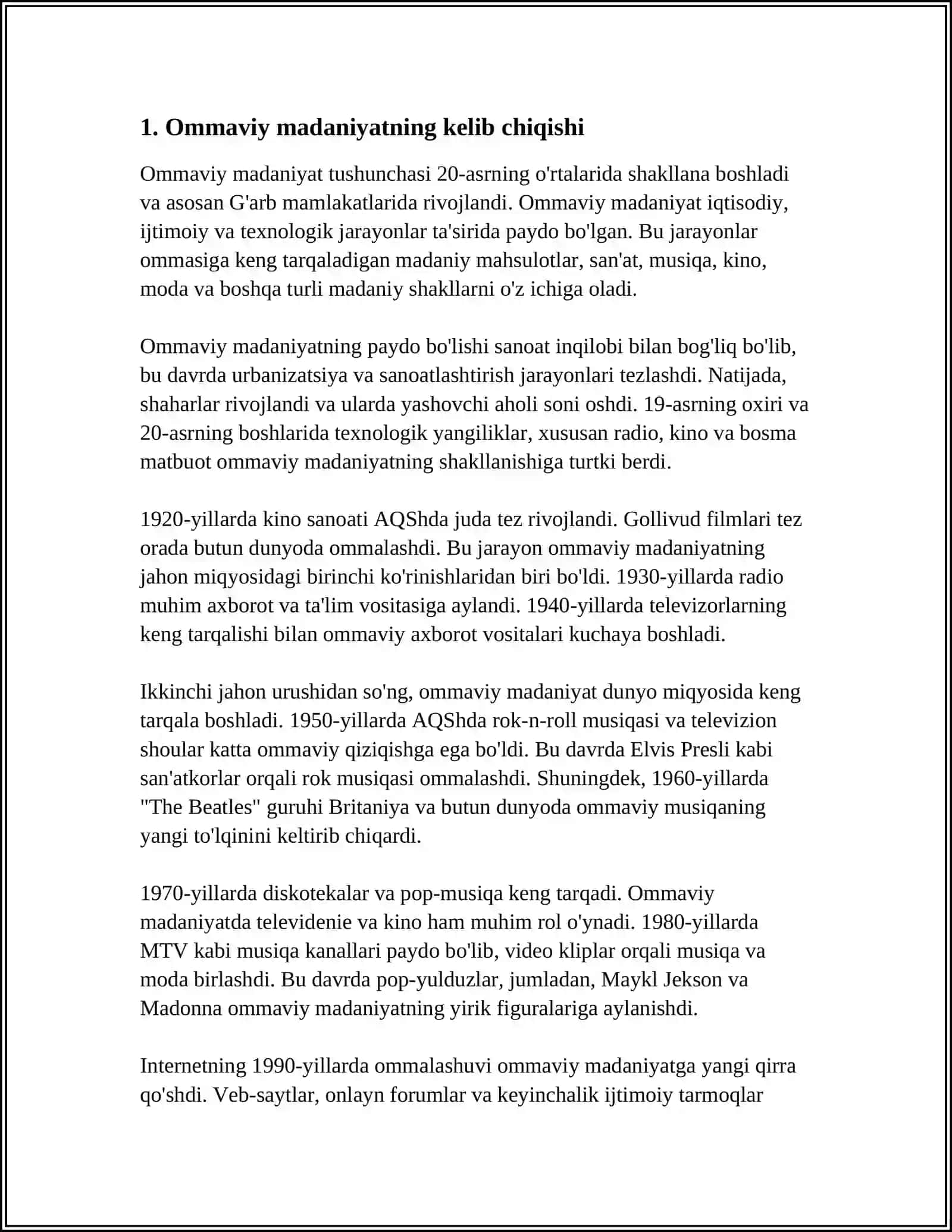 OMMAVIY MADANIYATNING SHAKLLANISH TARIXI VA UNING TURLARI:AKSILMADANIYAT, SUBMADANIYAT, POPULAR MADIYAT, EKRAN MADANIYATI 4