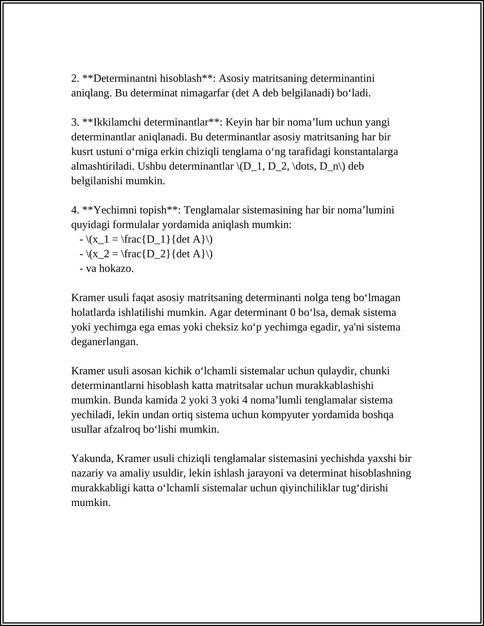 HISOB (CALCULUS):CHIZIQLI TENGLAMALAR SISTEMASINI KRAMER USULDA YECHISH 4