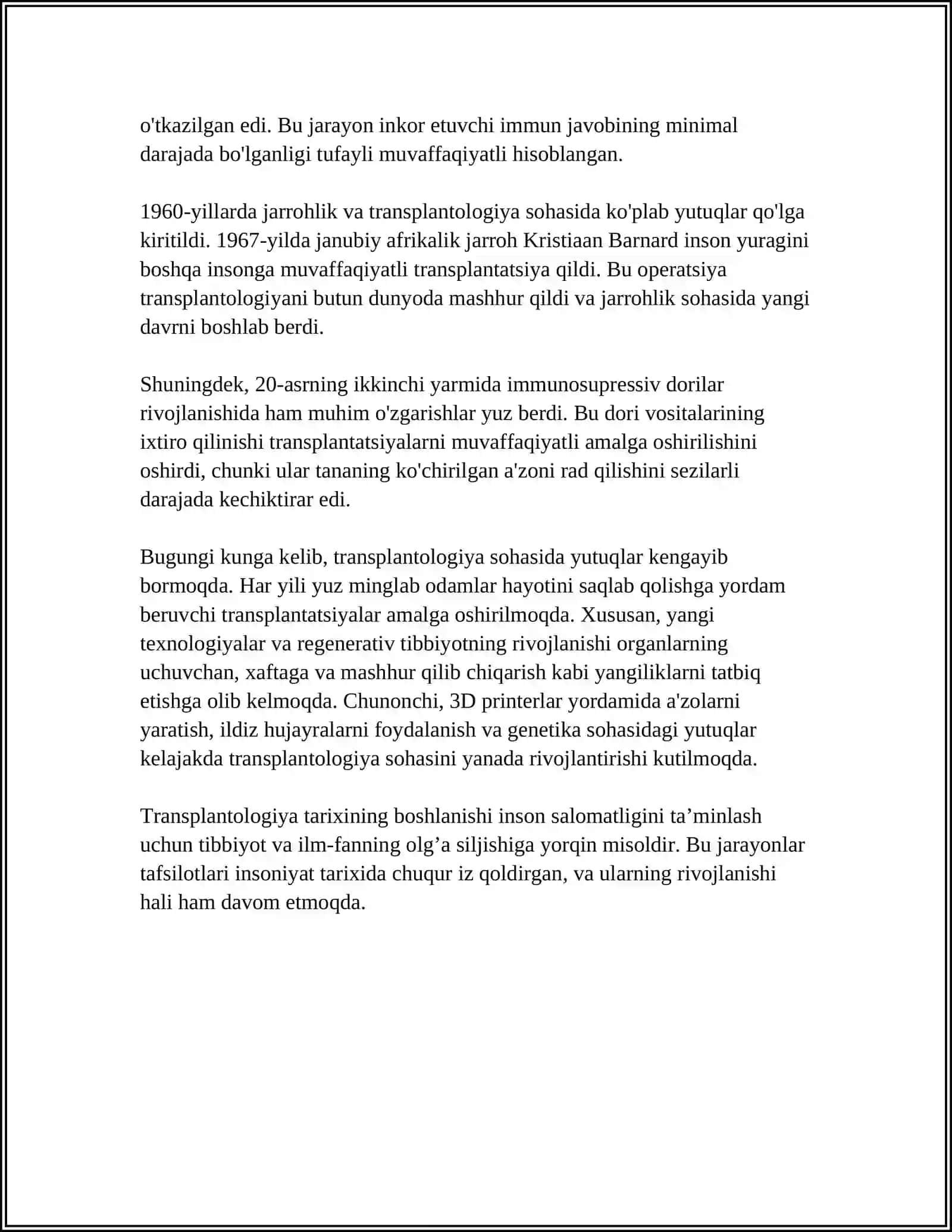TRANSPLANTOLOGIYA TARIXI VA HOLATI. DONORLIK MUAMMOSI 4