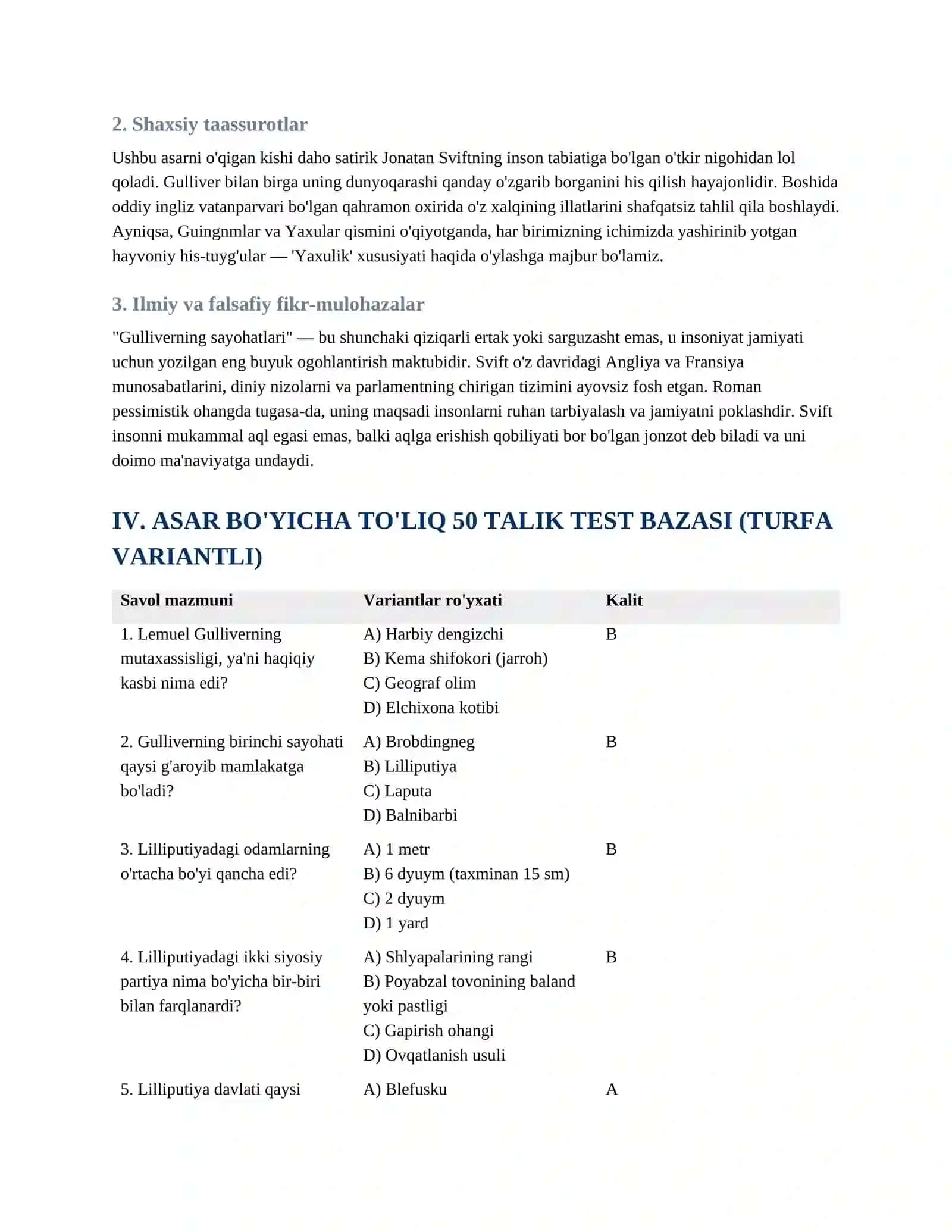 JONATAN SVIFTNING "GULLIVERNING SAYOHATLARI" ROMANI BO'YICHA TO'LIQ TAHLILIY QO'LLANMA VA TESTLAR 4