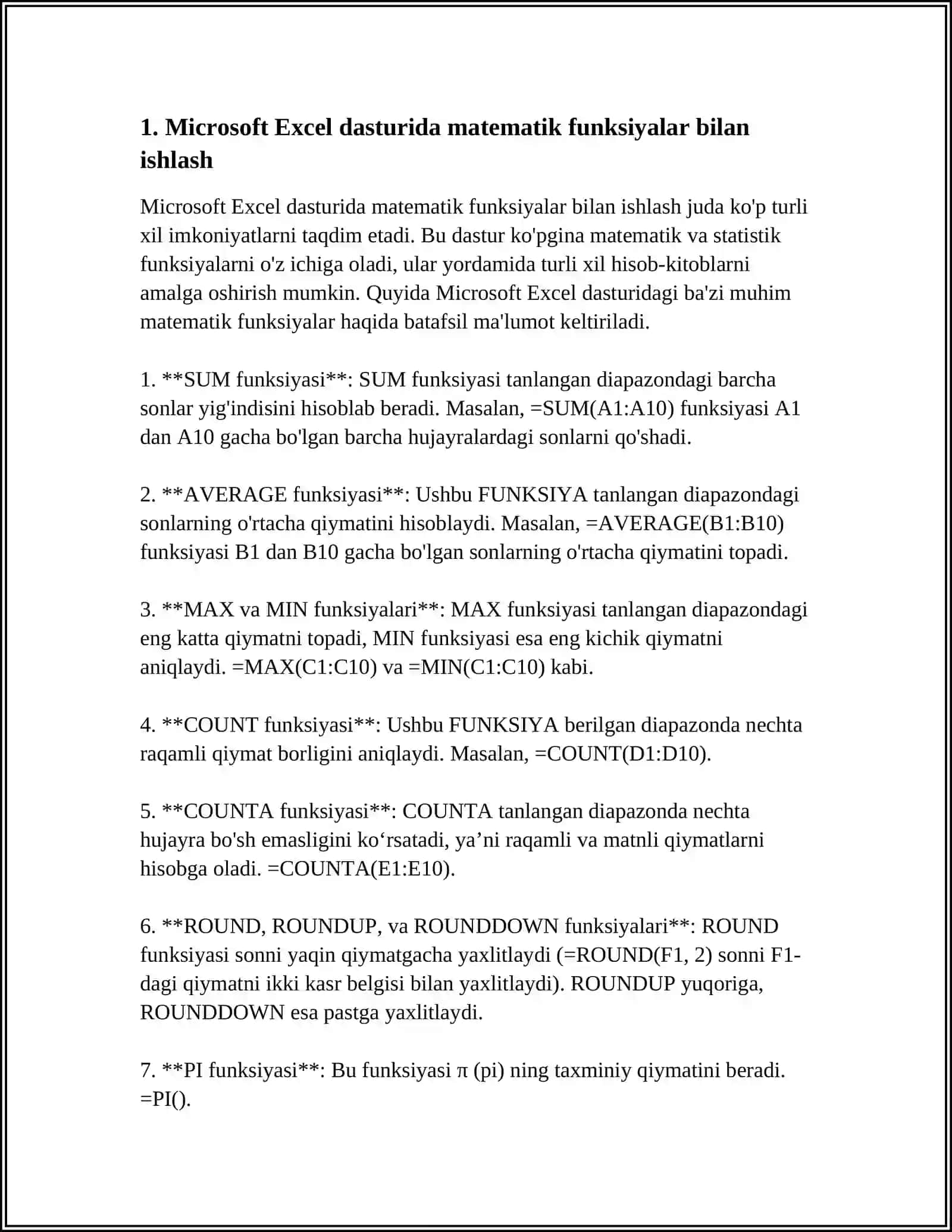 MICROSOFT OFFICE EXCEL DASTURIDA MATEMATIK, STATISTIK, MOLIYAVIY FUNKSIYALAR BILAN ISHLASH 4