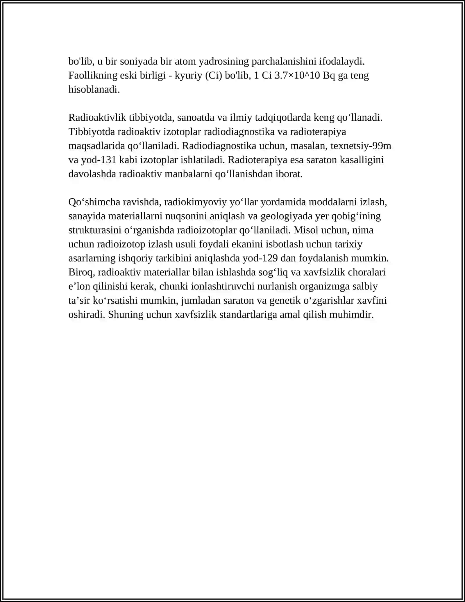 RADIOAKTIVLIK HAQIDA TUSHUNCHA VA UNDAN TIBBIYOTDA FOYDALANISH DOZA VA UNING BIRLIKLARI 4