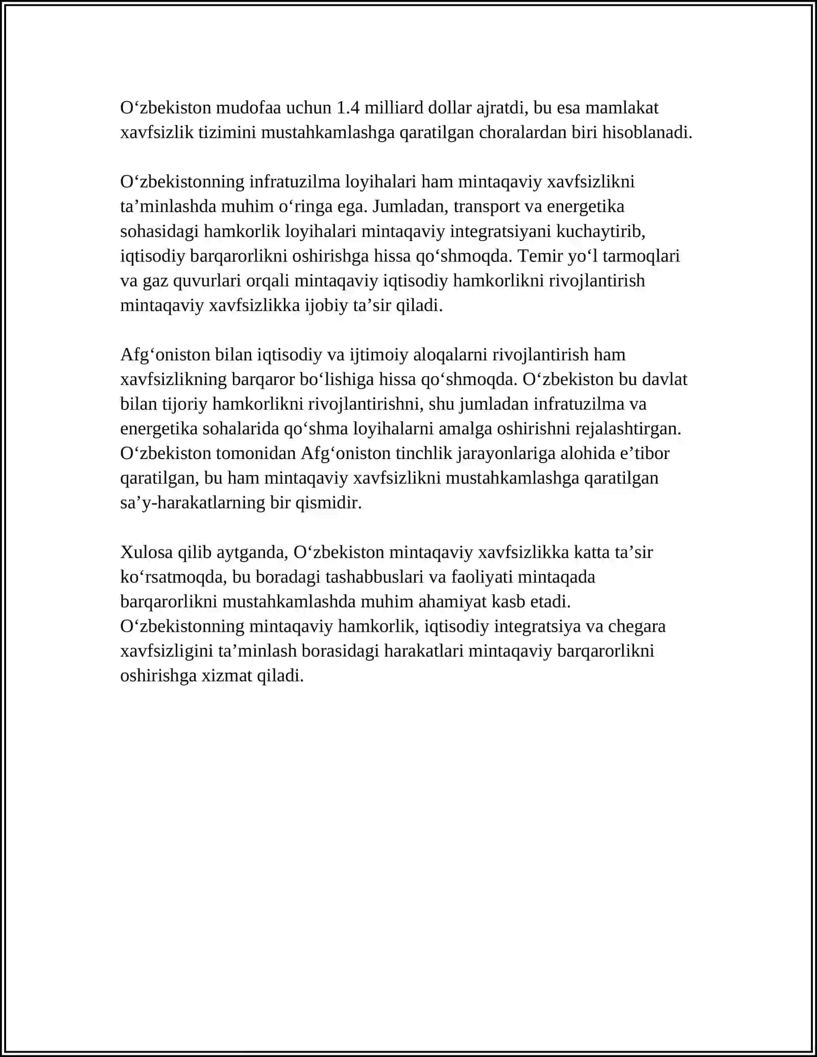 OʻZBEKISTONNING MARKAZIY OSIYODA TINCHLIK VA BARQARORLIKNI TAʼMINLASHDAGI OʻRNI 4