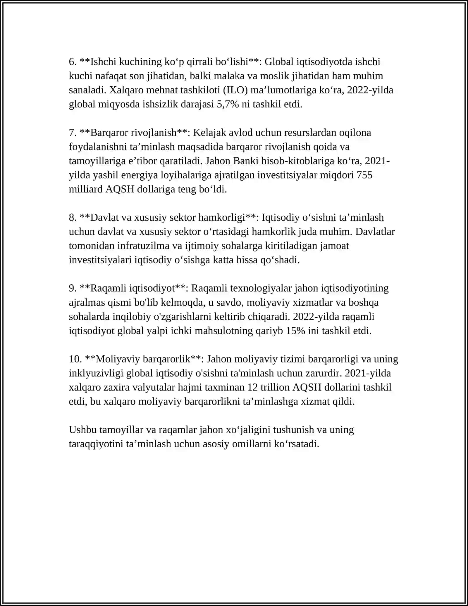 JAHON XOʻJALIGI RIVOJINING ASOSIY TAMOYILLARI VA UNING BAYNALMINALLASHUVI 4