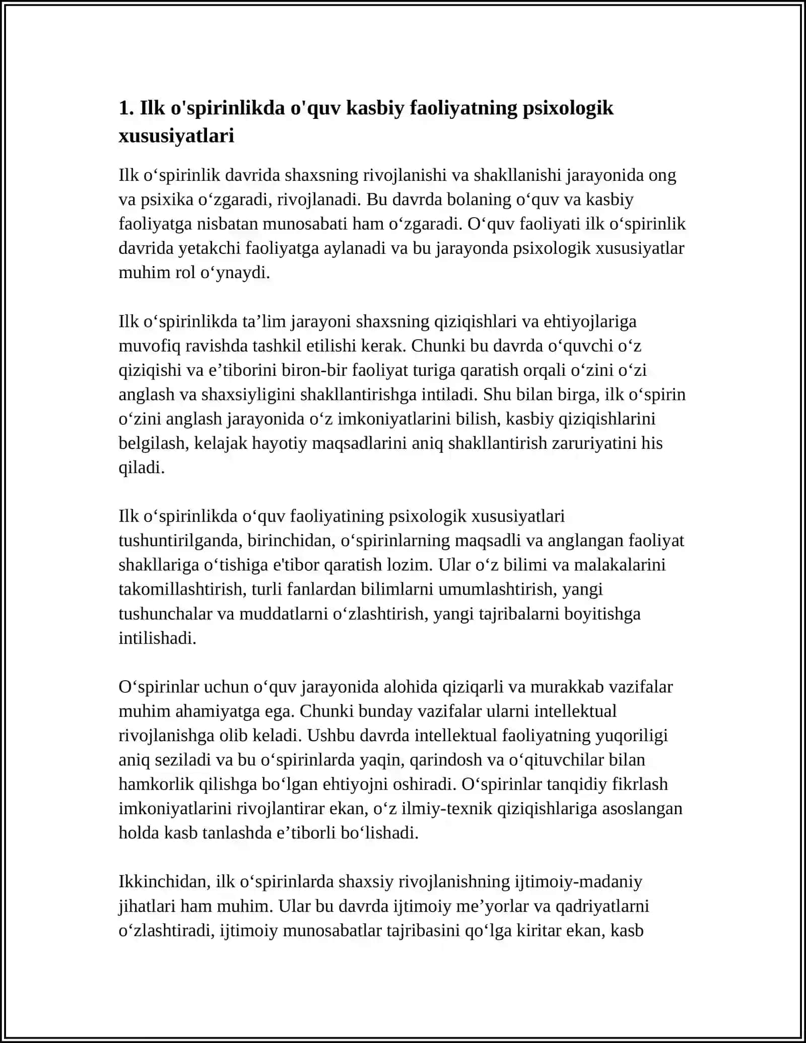 ILK O'SPIRINLIK DAVRIDA O'QUV KASBIY FAOLIYATNING YETAKCHI FAOLIYATGA AYLANISHI VA KASB TANLASH MUAMMOSI 4