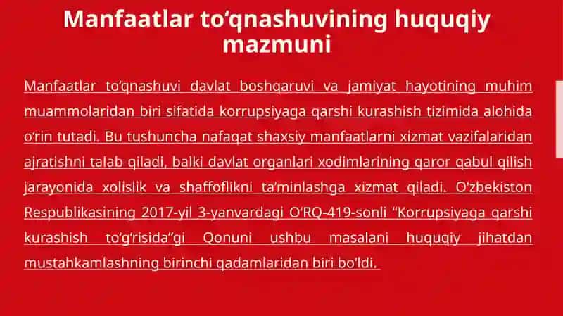 KORRUPSIYAGA QARSHI KURASHISHDA MANFAATLAR TO‘QNASHUVINI OLDINI OLISHGA DOIR CHORA-TADBIRLAR 4