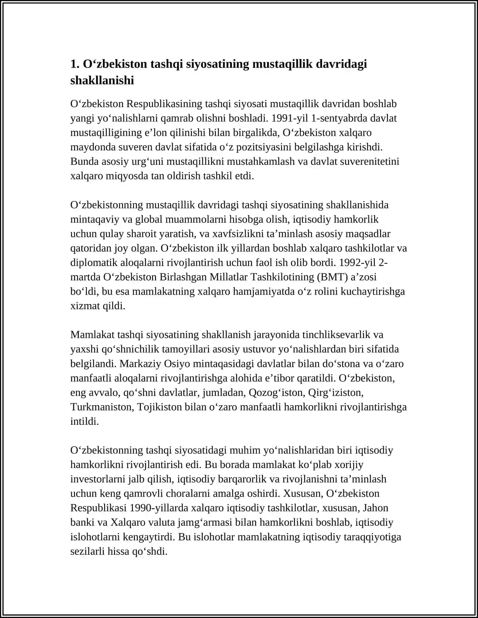 ÒZBEKISTAN RESPUBLIKASINING TASHQI SIYOSIY FAOLIYATINING SHAKLLANISHI VA USTUVOR YONALISHLARI 4