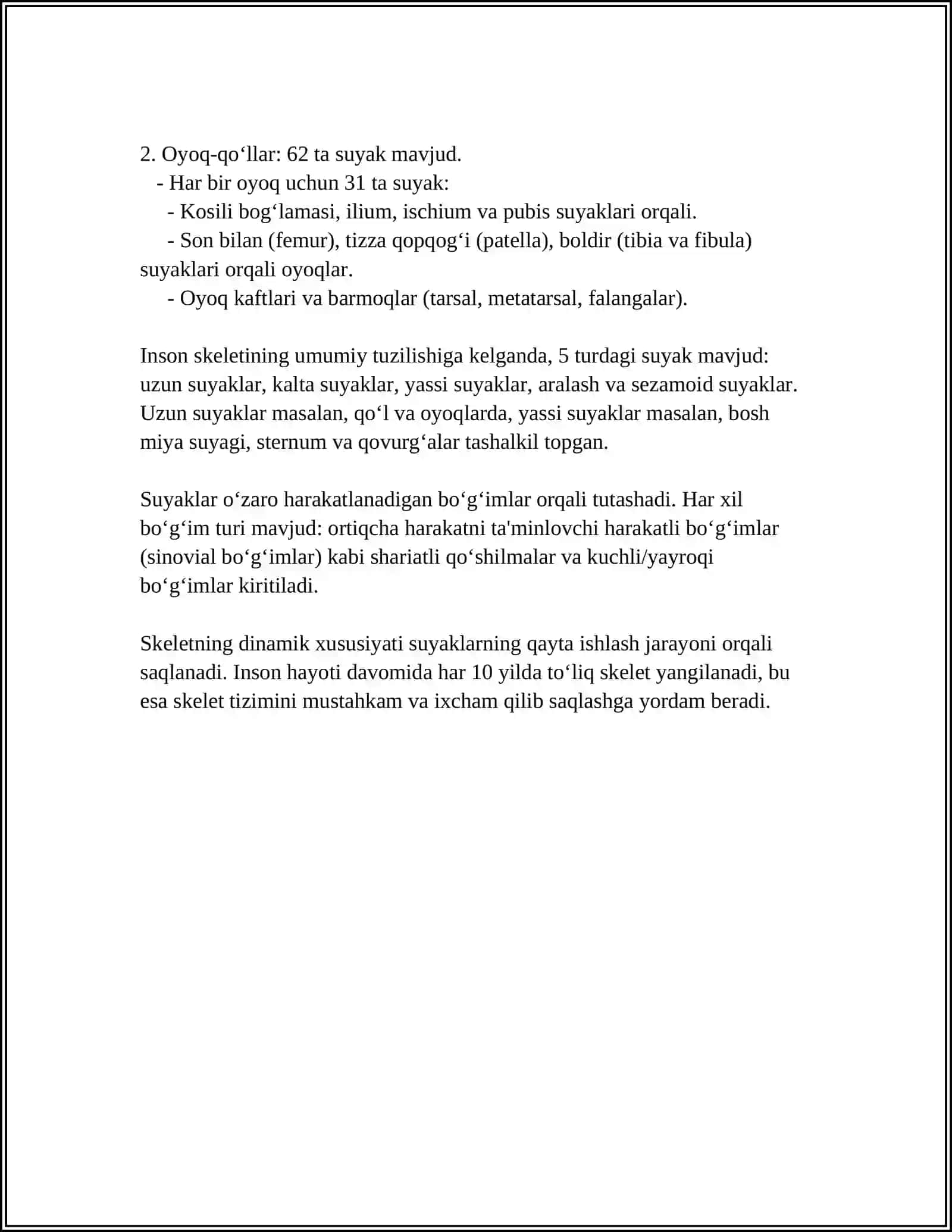 MUSTAQIL ISH Mavzu: TANA SKELETINING TUZILISHI 4