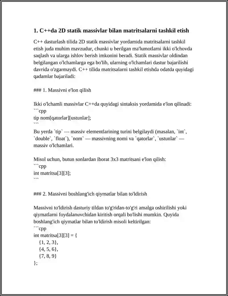 Matritsalarni tashkil etish C++dasturlash tilida 4
