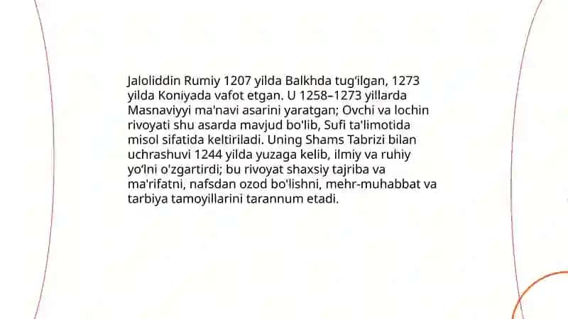 Jaloliddin Rumiy ovchi va lochin rivoyati va uning tarbiyaviy ahamiyati 4
