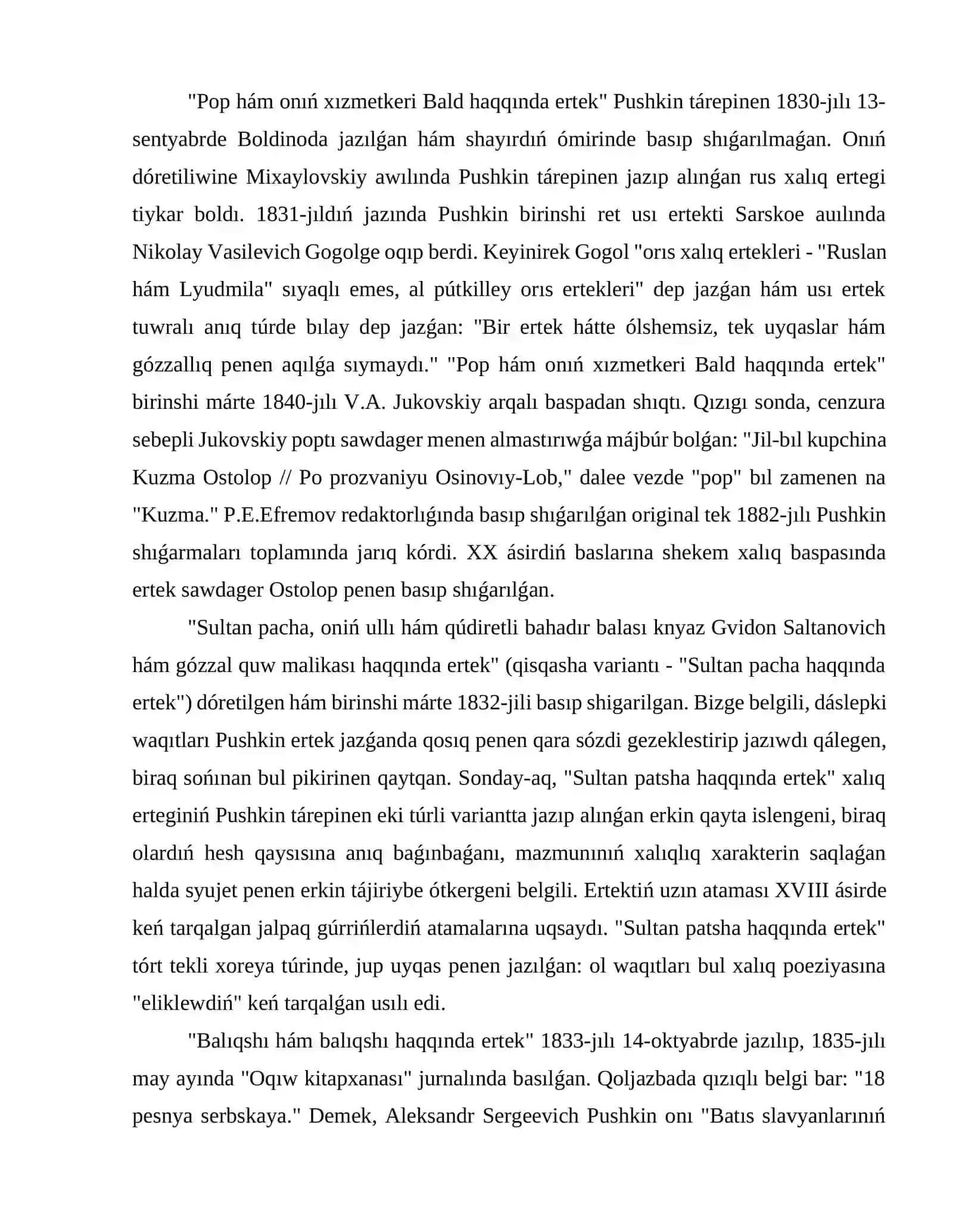 Aleksandr Sergeyevich Pushkin dóretken ertek-dástanlarda ilgeri súrilgan ideyalar 4