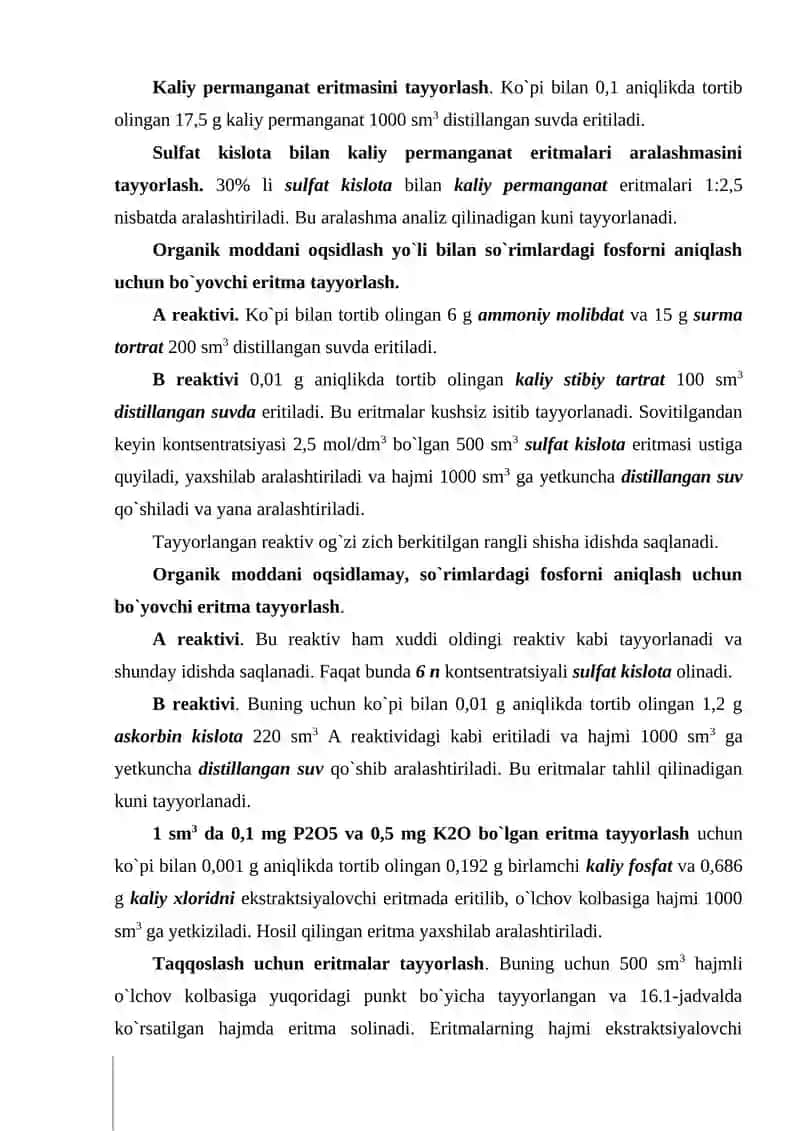 Tuproqlar tarkibidagi harakatchan fosfor va almashinuvchan kaliy miqdorini machigin-protasov usulida aniqlash 4