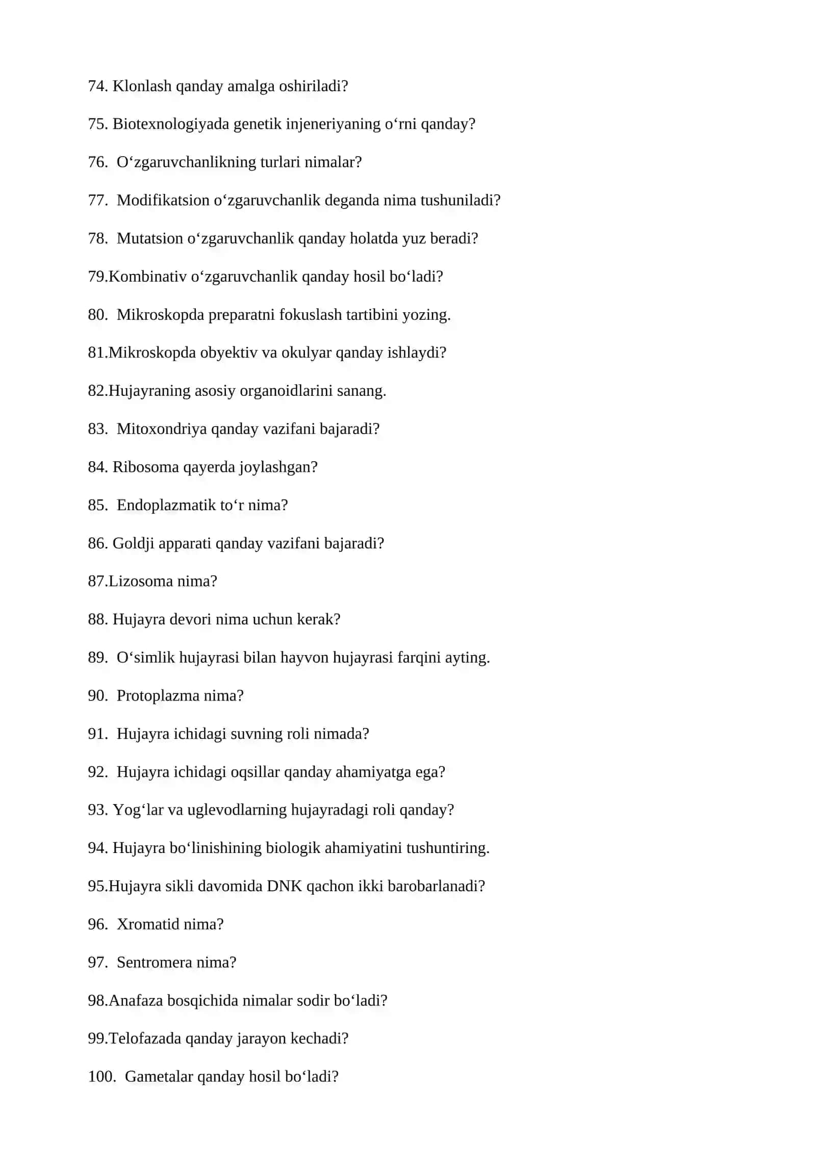Tibbiy biologiya va umumiy genetika fani bo'yicha yakuniy nazorat savollari 4
