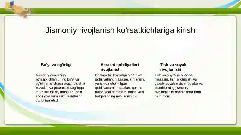 Bolalar va o'smirlarning jismoniy rivojlanishini baholovchi ko'rsatkichlar va ularni aniqlash usullari. Yoshlarning shaxsiy gigiyenasi 4