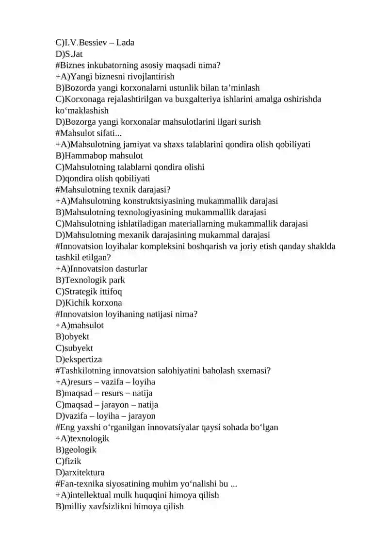 Innovatsion iqtisodiyot fanidan yakuniy nazorat testlari 4