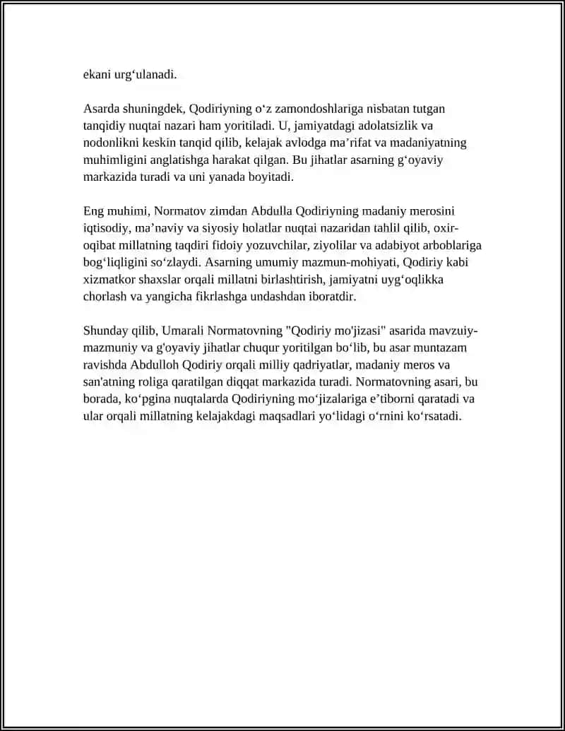 UMARALI NORMATOVNING "QODIRIY MOʻJIZASI " ASARI TAHLILI 4